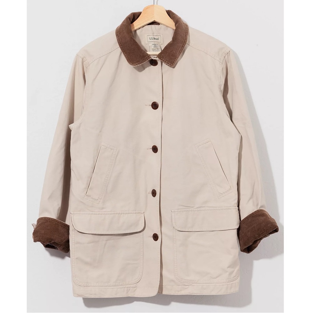 L.L. Bean Vintage 90s Khaki Canvas Corduroy Barn Coat Chore Jacket Womens Medium